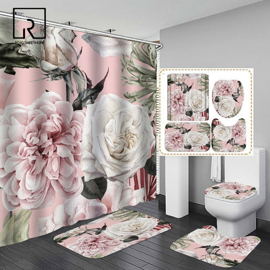 Printed Shower Curtain and Hook Set with Matching Anti-slip Carpets