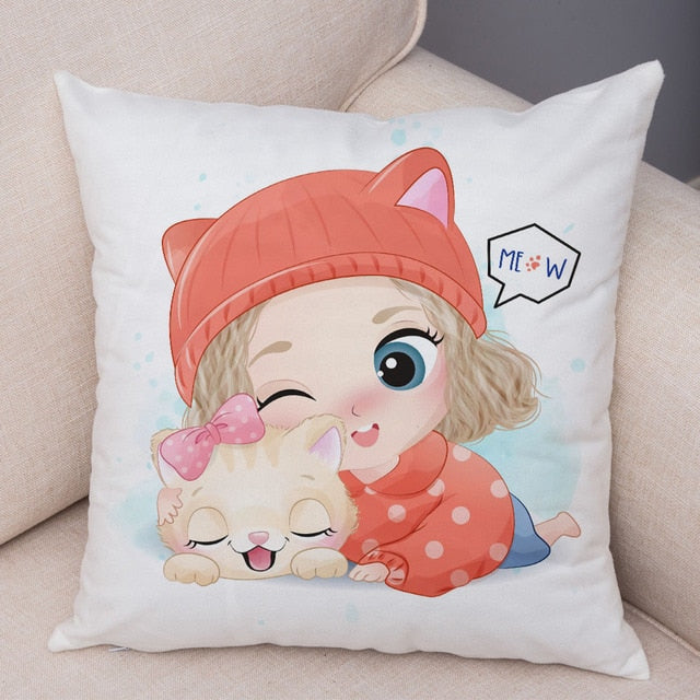 Kids Lovely Girl and Cat Pillowcase