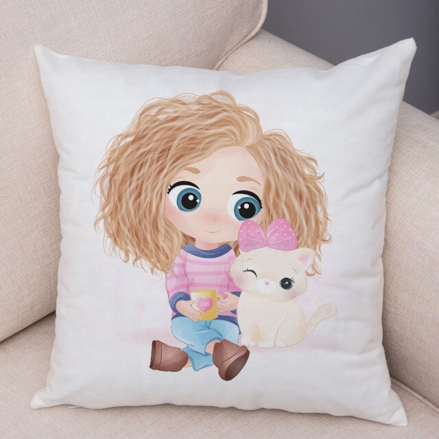 Kids Lovely Girl and Cat Pillowcase