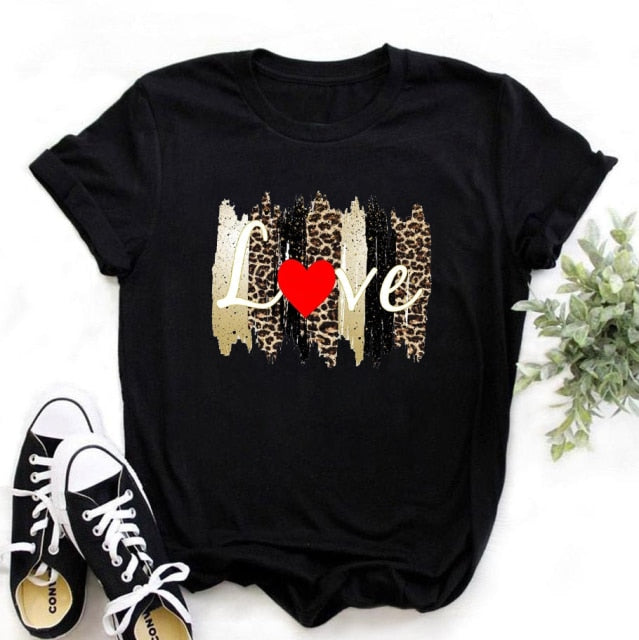 Women Leopard Love Heart Tshirt