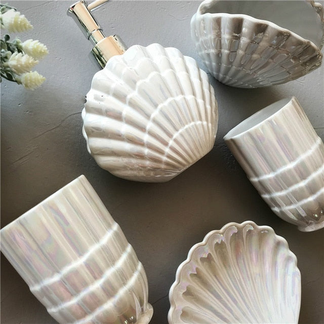 Ceramic Sea Shell Bathroom Accessory Set
