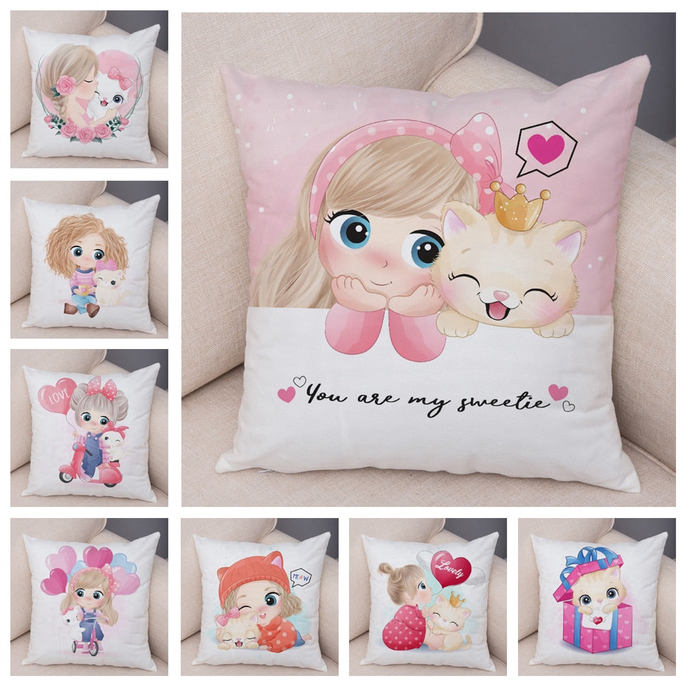 Kids Lovely Girl and Cat Pillowcase