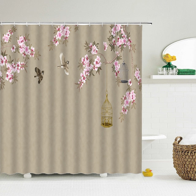 Chinese Style Floral Shower Curtain with Hooks