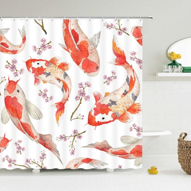 Chinese Style Floral Shower Curtain with Hooks