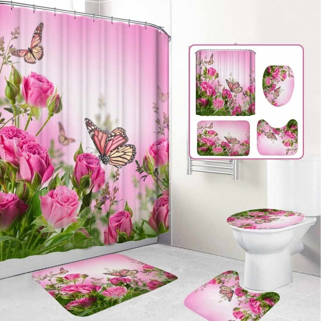 Pink Rose Butterfly Shower Curtain