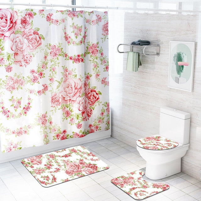 Floral Bath Mat and Shower Curtain Set