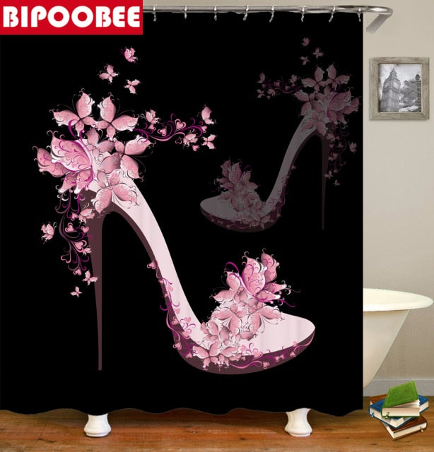 Red Lips or Pink High Heel Shower Curtains with Hooks