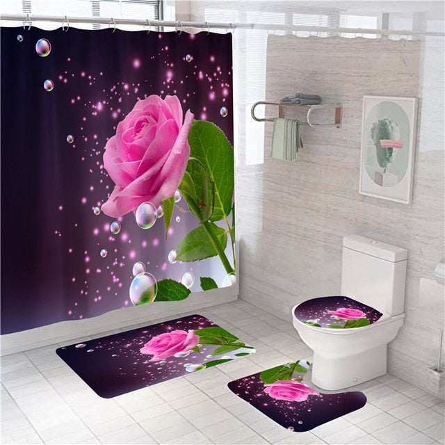 Rose Print Shower Curtain with Hooks