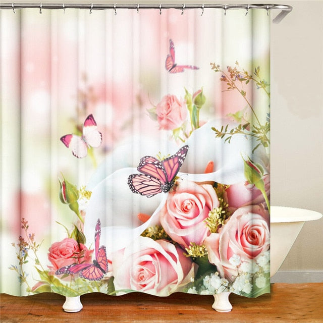 Rose Print Shower Curtain with Hooks