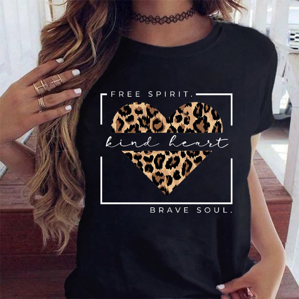 Women Leopard Love Heart Tshirt