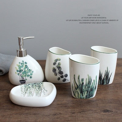 Nordic Green Plants Ceramic Bathroom Set