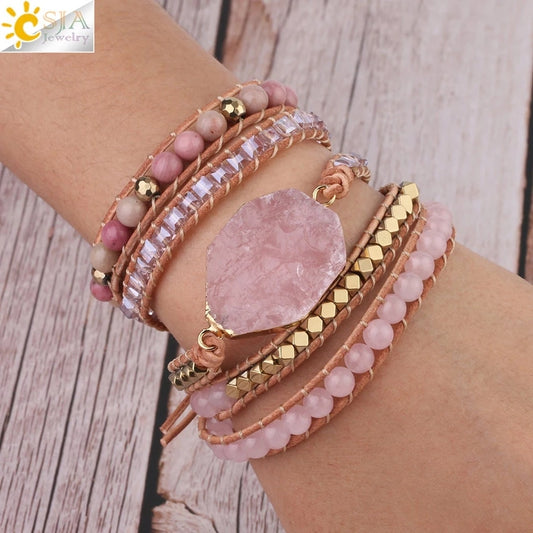 Pink Quartz Leather Wrap Bracelets